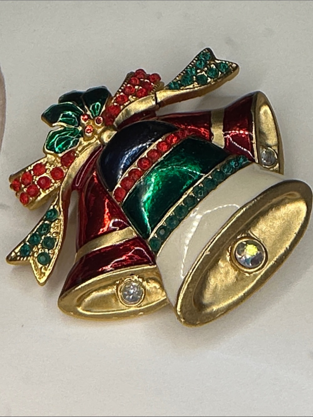 Festive Holiday Bell Brooch in Red, Green & Gold -2”x 2”